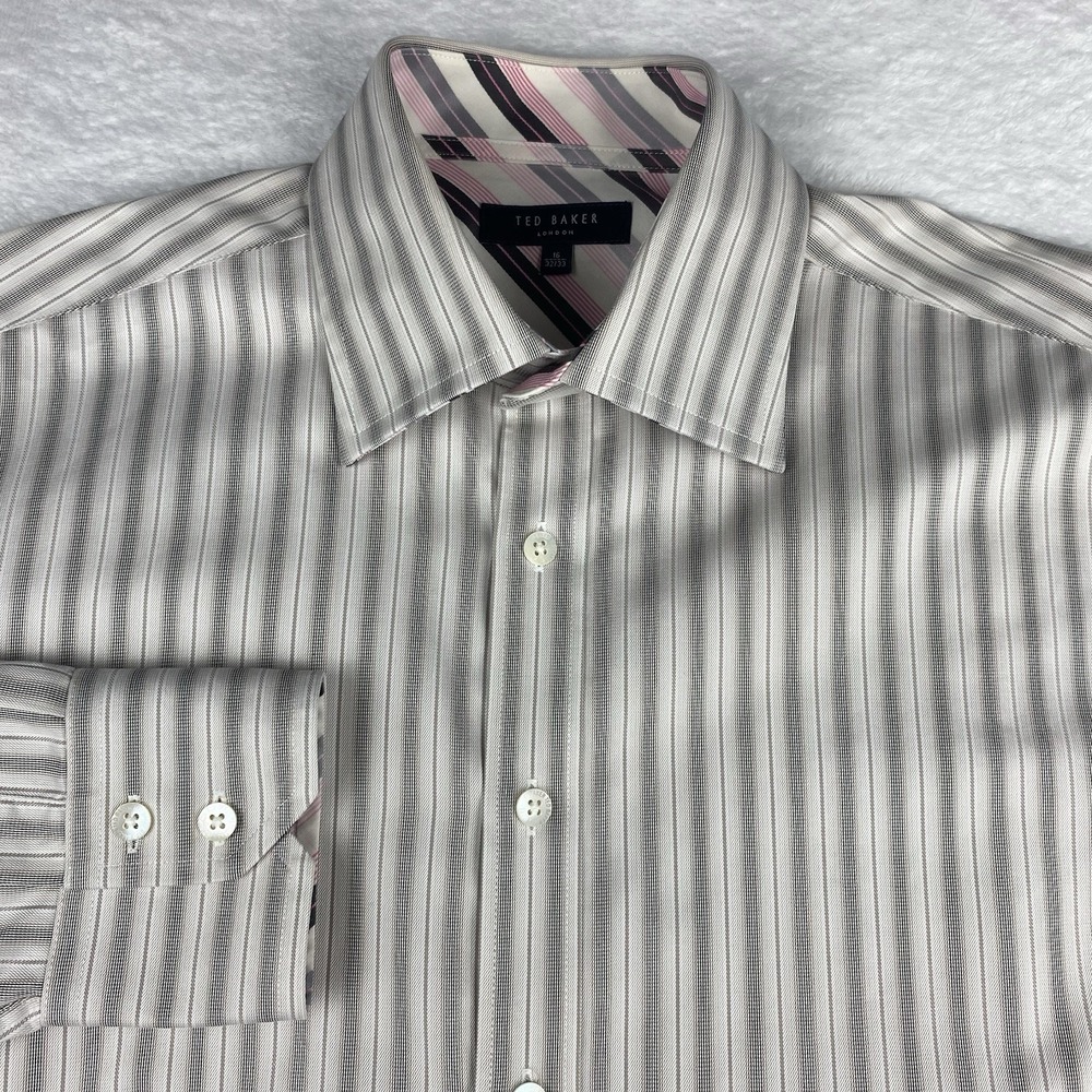 Ted Baker Dress Shirt Mens 16-32/33 Tan Stripes w/Flip Cuffs